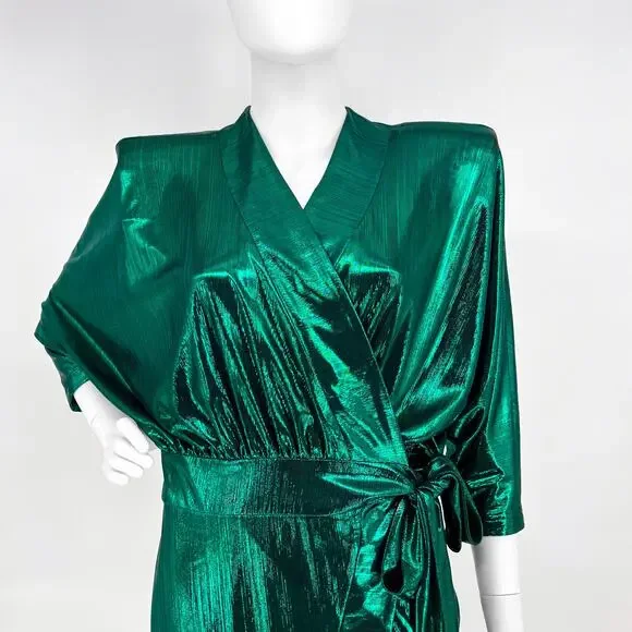 Zhivago Picture This Wrap Dress Women’s 6 Emerald Metallic Shoulder Pad Midi - Picture 3 of 5